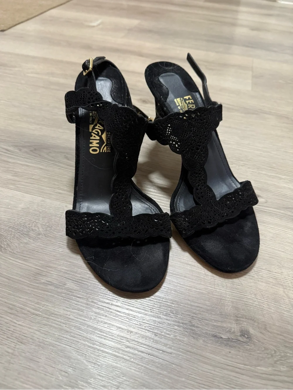 Salvatore Ferragamo Black Scalloped Suede T-Strap Heels